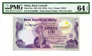 Malta 5 Liri 1967 Nd 1979 Bank Cetrali Pick 35 A Lucky Money Value $150