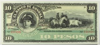 P - S420r Nd 1897 - 1911 Mexico Banco De Sonora 10 Pesos Remainder Gem Unc