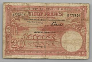 Belgian Congo 20 Francs 1943 Scarce