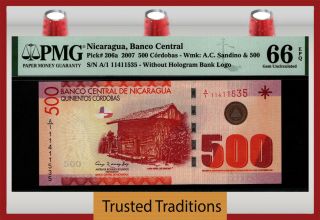 Tt Pk 206a 2007 Nicaragua Banco Central 500 Cordobas Pmg 66 Epq Gem Uncirculated