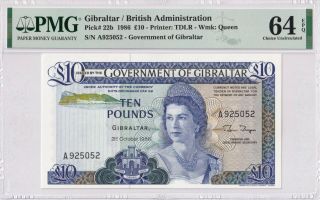 Gibraltar P 22b 10 Pounds Nd1986 Pmg 64 Epq Unc Banknote