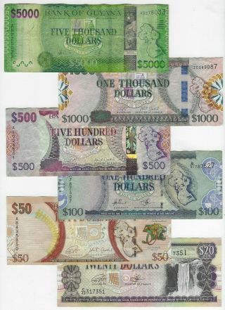 Guyana Full Set: 20 50 100 500 1000 5000 Dollars (1996 - 2019) P - 30 - 41 Vf - Xf Notes
