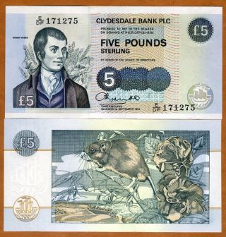 Scotland,  Clydesdale Bank,  5 Pounds,  1994,  P - 218b,  Unc Robert Burns
