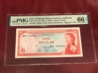 East Caribbean 10 Dollar Bank Note 1965 Pick 13f Pmg 66 Gem Unc Queen Elizabeth