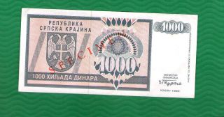 Croatia Hrvatska Knin 1000 Dinara 1992 Unc (023) Specimen Rare Banknote