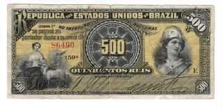 Brazil 500 Reis Vf Banknote (1893 Nd) P - 1 Estampa 3a Series 159a Paper Money