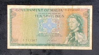 10 Shillings Government Of Malta 1963 Soler Queen Elizabeth Ii Said 32 Banknote