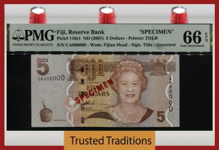Tt Pk 110s1 Nd (2007) Fiji 5 Dollars Specimen Queen Elizabeth Ii Pmg 66 Epq Gem