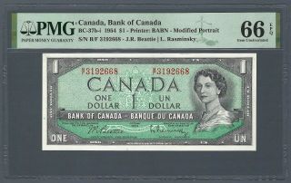 Canada 1 Dollar 1954,  P - 37b - I " P/f " Beattie Rasminsky,  Pmg 66 Epq Gem Unc Pretty