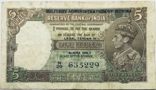 1945 Burma (overprint) British India 5 Rupee King Banknote George Vi Myanmar