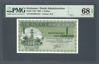 Suriname 1 Gulden 1986 Muntbiljet,  P - 116i,  Pmg 68 Epq Gem Unc,  Top Pop