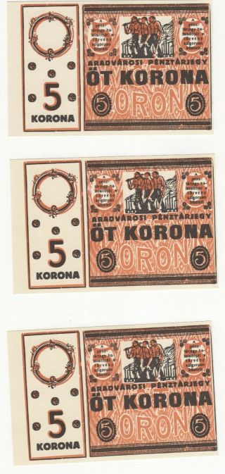Hungary Ot 5 Korona Bank Note Set Of 3 Aradvarosi Penztarjegy
