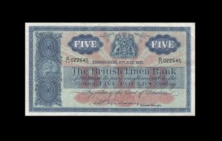 6.  7.  1955 British Linen Bank Scotland Edinburgh 5 Pounds ( (ef))