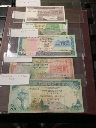 Mauritius Banknote P.  39 38 Vf - F 37 35 34 Unc 200 100 50 10 5 Rupees,