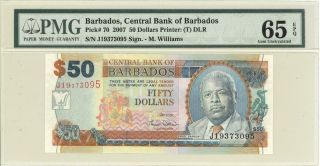 Barbados $50 Dollars Currency Banknote 2007 Pmg 65 Gem Cu Epq
