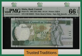 Tt Pk 47c 1967 (nd 1994) Malta Bank Centrali 10 Liri Pmg 66 Epq Gem Uncirculated