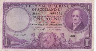 Uk Banknote Commercial Bank Of Scotland 1 Pound (1947) P - S332 Vf