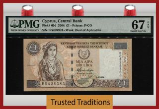 Tt Pk 60d 2004 Cyprus Central Bank 1 Pound Aphrodite Pmg 67 Epq Gem Unc
