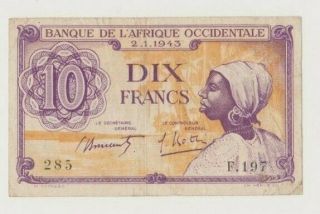 French West Africa P 29 Woman 10 Francs 2.  1.  1943 Wwii Vf
