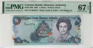 2001 $1 One Dollar Cayman Islands Currency Board Pick 26b Pmg Gem 67 Epq