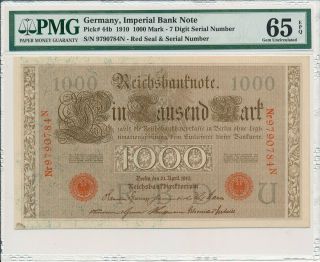 Imperial Bank Note Germany 1000 Mark 1910 7 Digit Serial Number Pmg 65epq