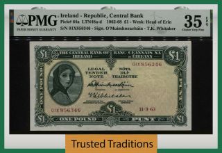 Tt Pk 64a 1962 - 68 Ireland Republic Central Bank 1 Pound Pmg 35 Epq Choice Vf