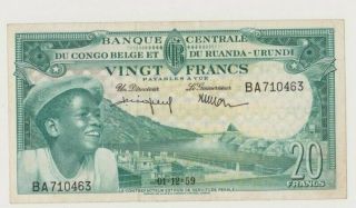 Belgian Congo P 31 20 Francs 1959 Young Boy Young Girl Reservoir Vf