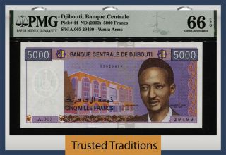 Tt Pk 44 Nd (2002) Djibouti Banque Centrale 5000 Francs Pmg 66 Epq Stunning Gem