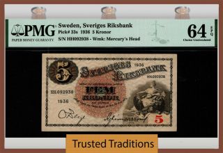 Tt Pk 33s 1936 Sweden Sveriges Riksbank 5 Kronor Specimen Pmg 64 Epq Choice Unc.
