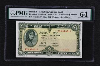 1971 - 75 Ireland - Republic Central Bank 1 Pounds Pick 64c Pmg 64 Choice Unc