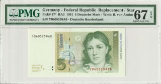 Germany 1991 Replacement 5 Mark Pmg Certified Banknote Unc 67 Epq Gem 37