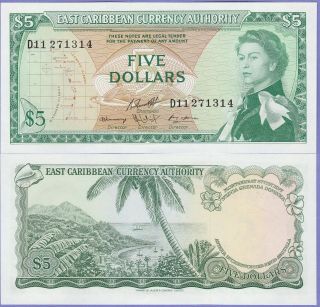 East Caribbean States,  5 Dollars Banknote 1965 Choice Uncirculated Cat 14 - H - 71314