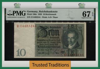 Tt Pk 180a 1929 Germany 10 Reichsmark Pmg 67 Epq Gem Unc Tied As Best