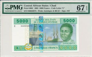 Banque Centrale Central African States/chad 5000 Francs 2002 Pmg 67epq