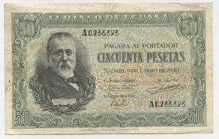 Spain España 50 Pesetas 9 - 1 - 1940 Pick 117.  A Vf - Circulated Banknote Serie A