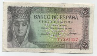 Spain España 5 Pesetas 13 - 2 - 1943 Pick 127.  A Vf,  Circulated Banknote