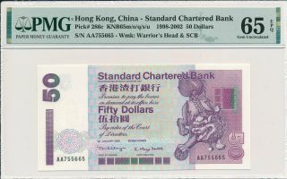 Standard Chartered Bank Hong Kong $50 1999 Prefix Aa S/no X55665 Pmg 65epq