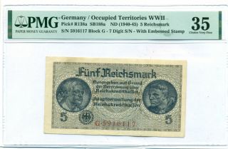 Germany / Occupied Territories Wwii 1940 - 45 5 Reichsmark Note Ch Vf 35 Pmg