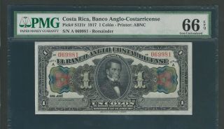 Costa Rica 1 Colon Pick - S121r,  1917,  Pmg 66 Gem Unc