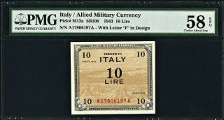 Italy - Allied Military Currency 10 Lire 1943 Pick - M13a About Unc Pmg 58 Epq