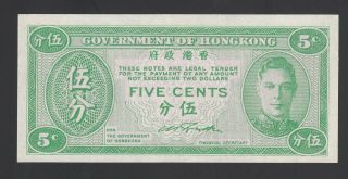 Hong Kong 5 Cents 1945 Au - Unc P 322,  Banknote,  Uncirculated