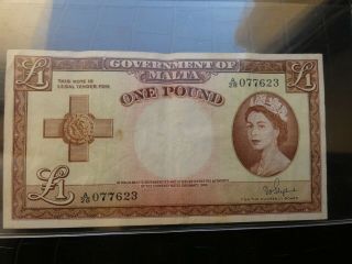 Malta 1 Pound (p24b) Qeii 1949 (1954) Qeii Fine Shepherd