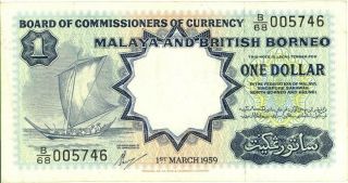 Malaya & British Borneo $1 Dollar Currency Banknote 1959 Xf