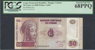 Congo Democratic Republic 50 Francs 4 - 1 - 2000 P91a Uncirculated Graded 68