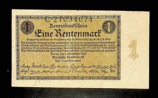 1923 Germany 1 Rentenmark Banknote