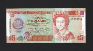 Belize $5 Dollars 1990,  P - 53a Central Bank,  Obsolete Qeii Type,  Unc,  Aa Prefix