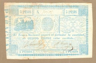 Paraguay: 5 Pesos Banknote,  (f/vf),  P - 25,  1865,