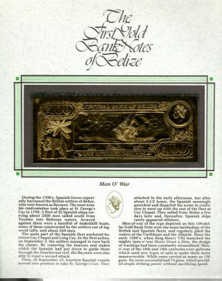 22kt Gold $100 Belize Unc 1981 Banknote - Man O War