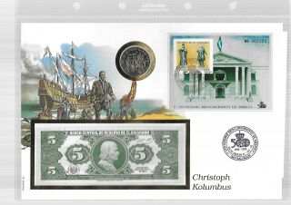 Banknote Letters,  El Salvador 5 Colons 1983 Christopher Columbus With Proof Coi