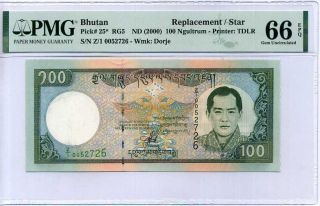 Bhutan 100 Ngultrum Nd 2000 P 25 Replacement Gem Unc Pmg 66 Epq